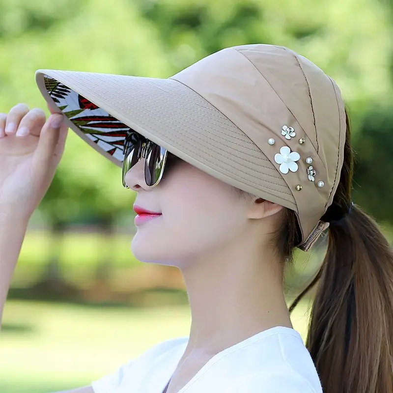 Модные женские летние головные уборы с жемчужным солнцезащитным козырьком шляпа с большими головками широкий пляжный навес солнцезащитная Кепка Женская кепка