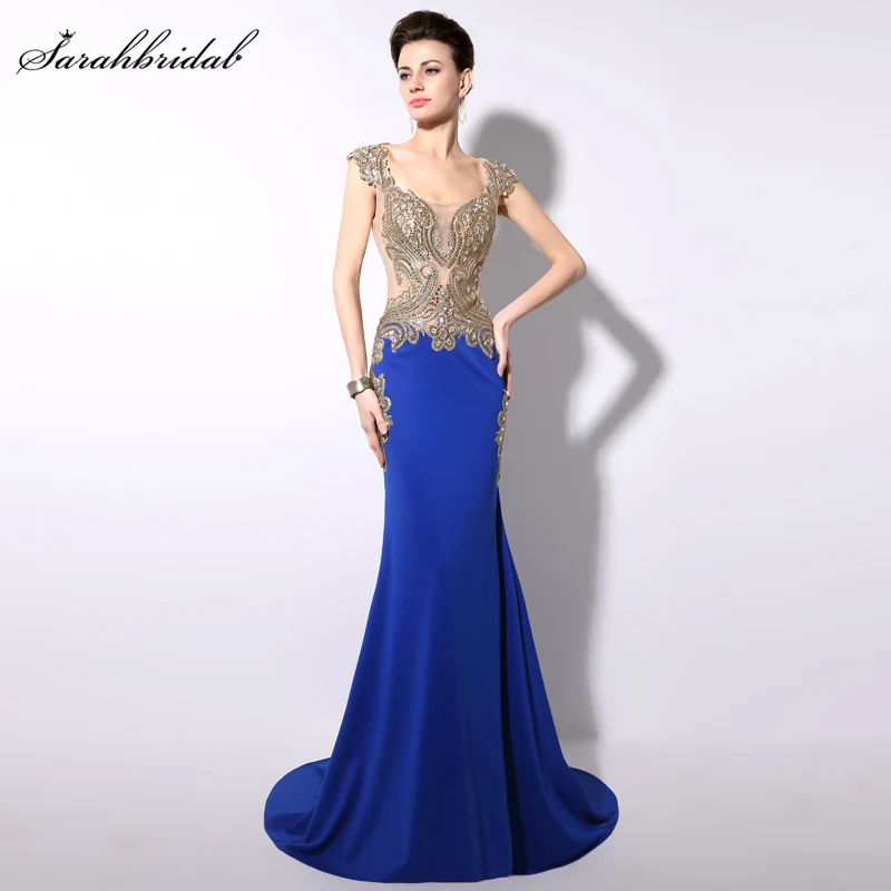 

Elegant Royal Blue Sheer Embroidery Crystal Women Formal Evening Dresses 2015 Fashionable Trumpet Floor Length Party Gowns YD003