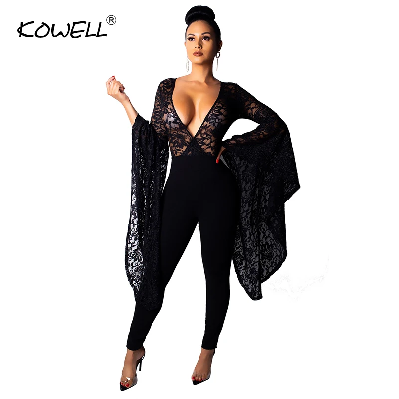 

Hot Sale Women Jumpsuit Romper Deep-V Irregular Sleeve Sexy Bodycon Overalls Street Ladies Perspective Party Lace Long Jumpsuits