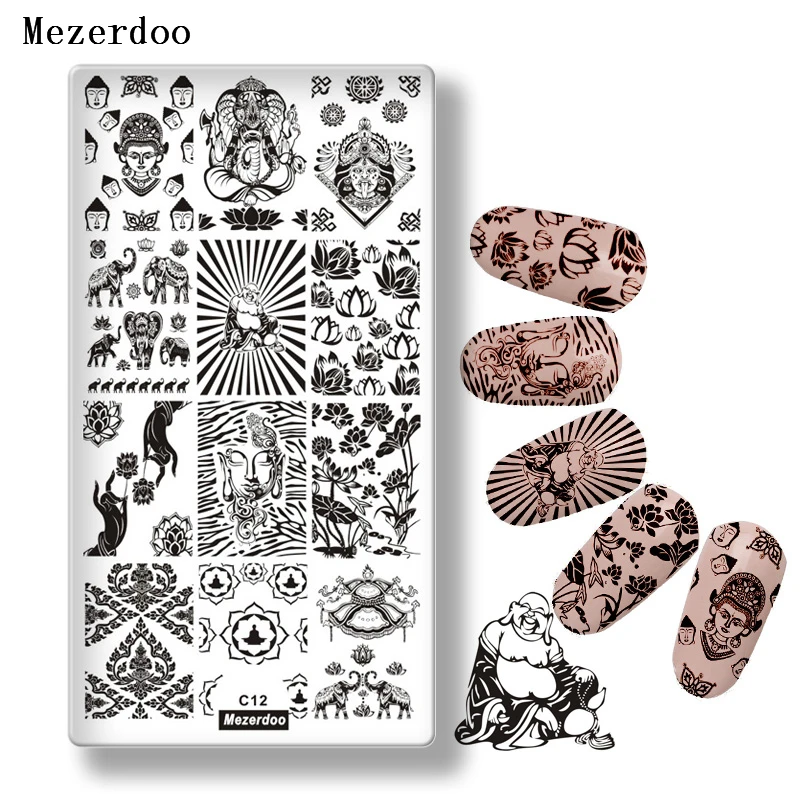 

Mezerdoo Buddha Theme Stainless Steel Nail Stamp Plates DIY Elephant Lotus Template Image Plate Print Nail Stamping Plate C12