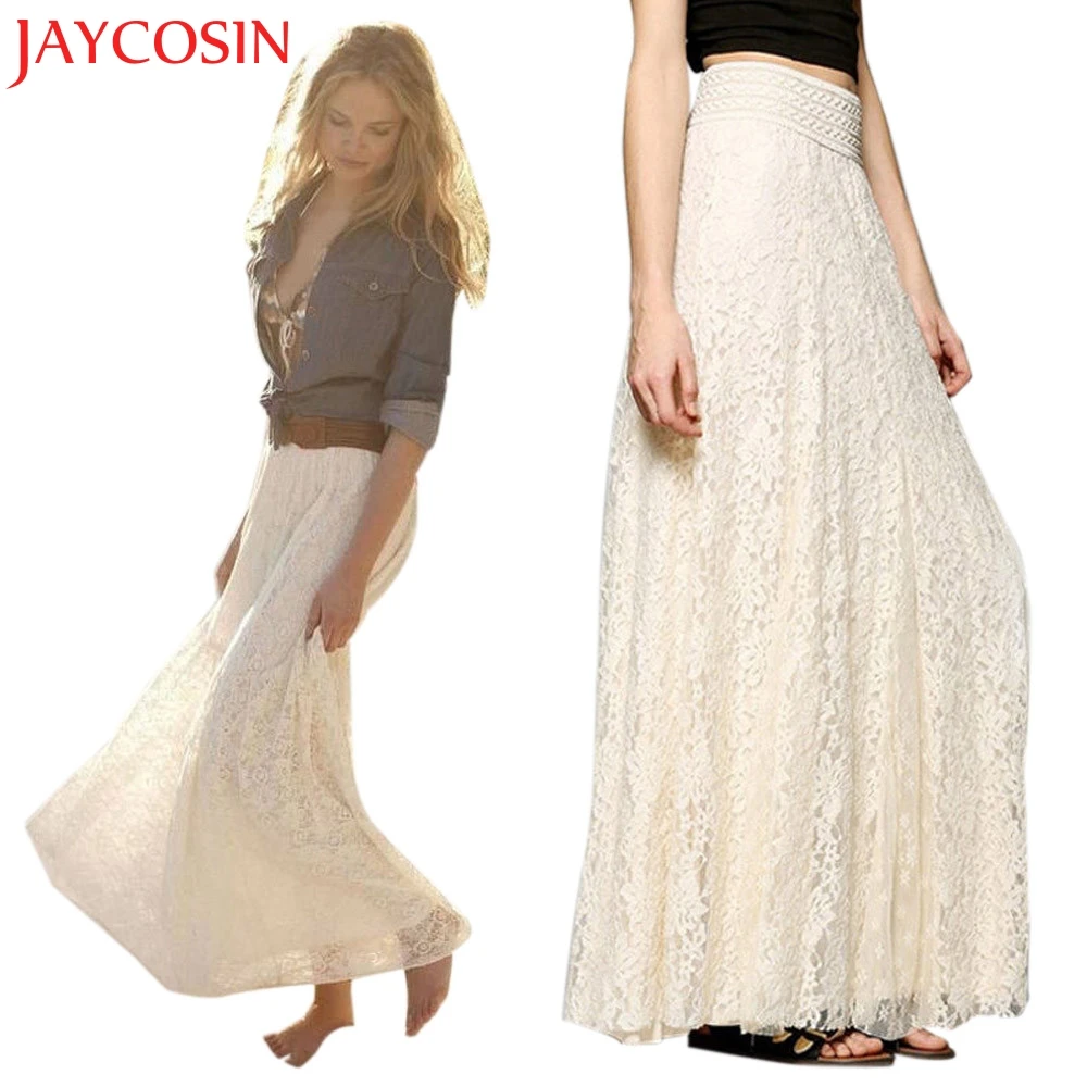 Женская кружевная двухслойная плиссированная длинная юбка макси с эластичной резинкой на талии, богемная длинная юбка, Прямая поставка, Oct.23