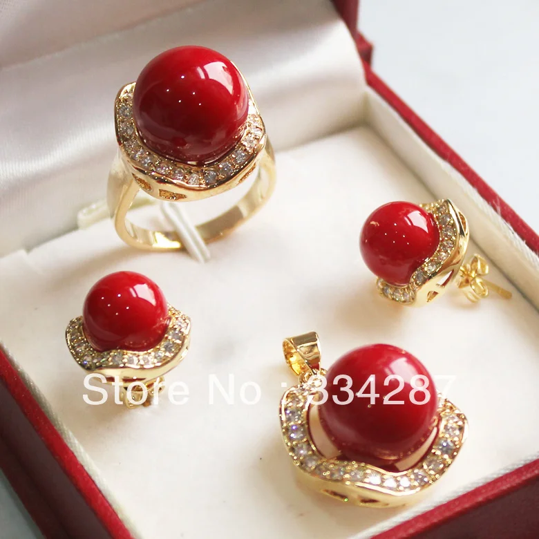 New Listed!Free shipping Red South Sea Shell Pearl Ring Pendant Earring Jewelry Set | Украшения и аксессуары