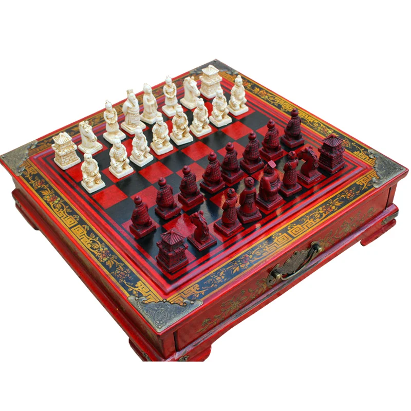 Vintage Collection Chess Chinese Terracotta Warriors Chess Wood Carving Resin Chessman Christmas Birthday Premium Gifts qenueson