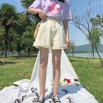 

Fashion Women Solid Casual Shorts Harajuku High Waist Denim Shorts Button Korean Wide Leg Loose Shorts