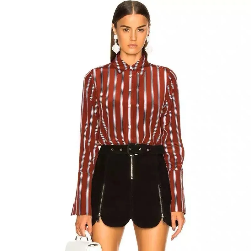 Women Shirt Red and White Striped Silk Shirt Retro Red Soft Sand Wash Shirt