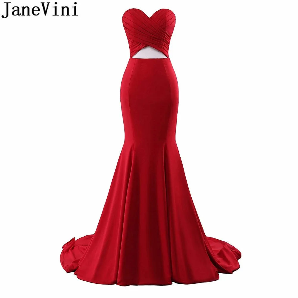 

JaneVini Arabic Red Mermaid Party Dress 2018 Sweetheart Long Cut Out Bridesmaid Dresses Sexy Dubai Ladies Button Formal Gown