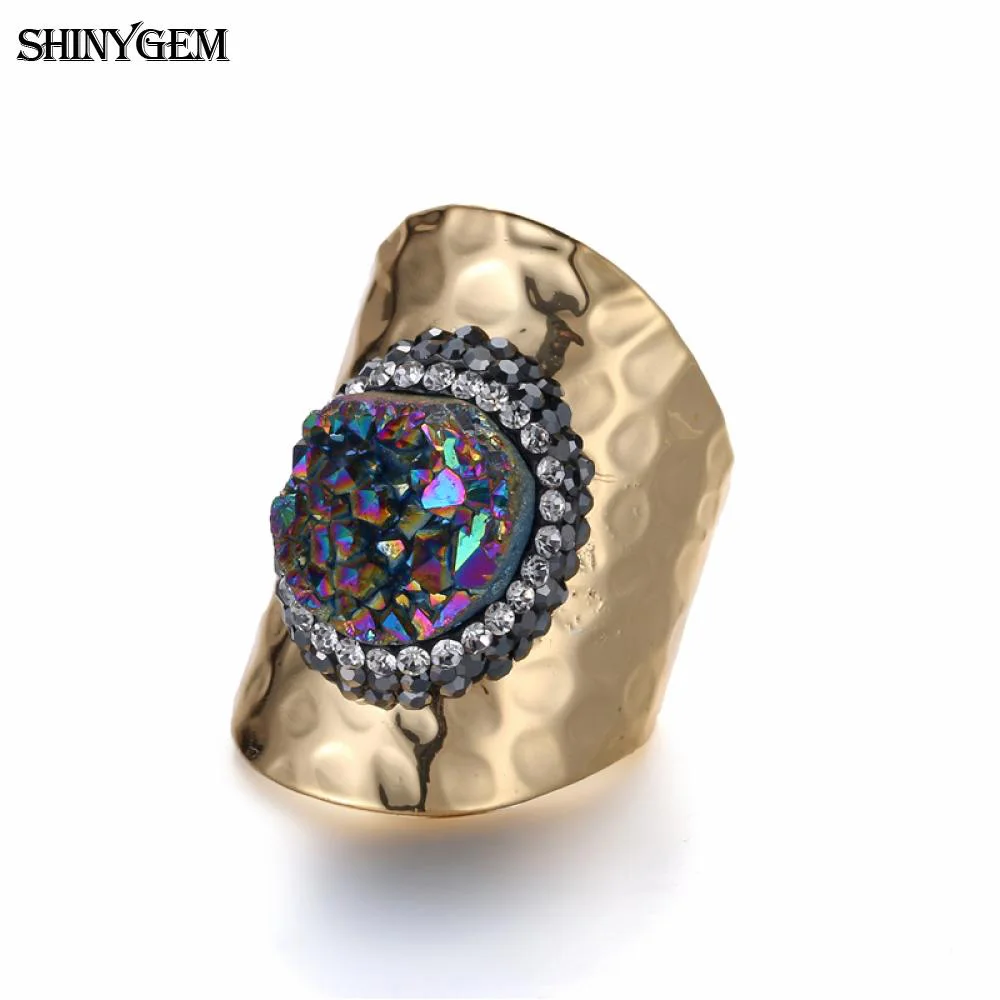 Кольца на палец с золотым покрытием ShinyGem Druzy, сверкающие кольца с нестандартными радужными кристаллами, большие кольца с натуральным камнем для женщин