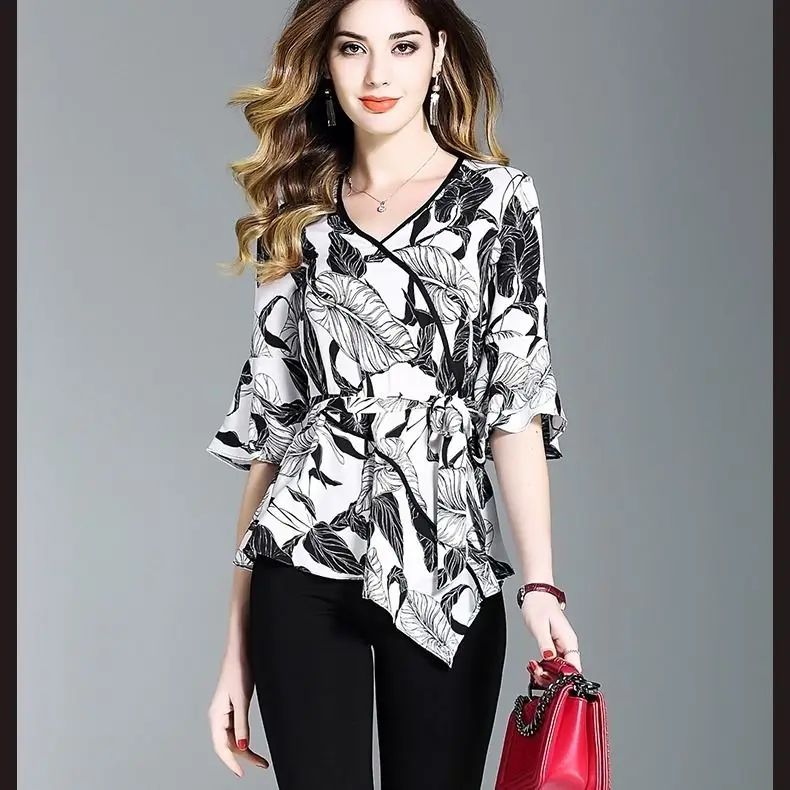 

European American Style Women Chiffon Blouses Shirts Tops Summer Lady Casual Flower Printed V-Neck Hafl Sleeve Blusas DF2694
