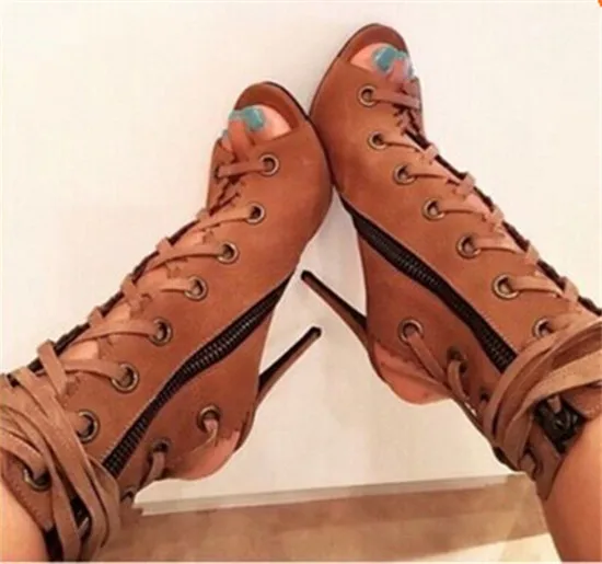 Hot Sale Brown Leather Women Boots Cut Out Peep Toe Sandals Boots Lace Up Ankle Boots High Heels Shoes Woman Booties Botas Mujer (5)