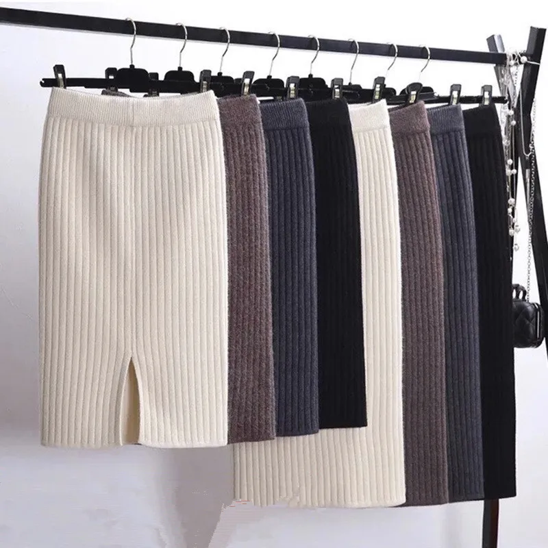 

Autumn Winter Knitted Bodycon Office Pencil Skirt Elegant High Waist Wool Skirts Womens Streetwear Split Long Skirt Faldas Saia