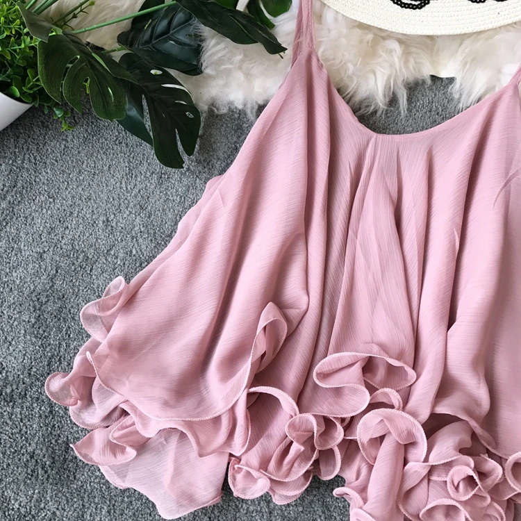 New Chiffon Sling Ruffled Loose Strap Solid Color V-neck Sexy Slim Pleated Sling Women's Clothes sexy halter top