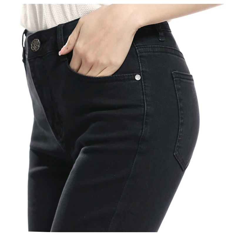 FERZIGE, женские джинсы, высокая талия, эластичные, черные, с вышивкой, расклешенные, джинсовые штаны, джинсы для мам, женские брюки, vaqueros mujer, размер 36