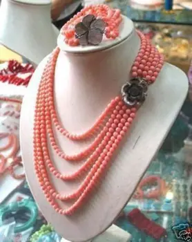 

Free shipping@@@@@ 5--6mm PINK CORAL BEAD NECKLACE BRACELET SET