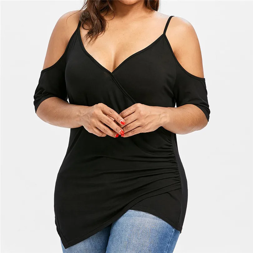 

KWAN_Vogue Cutout Asymmetric solid Cold Shoulder T-shirt v neck t shirts for wome Plus Size friends fashion tshirt Tops gothic #