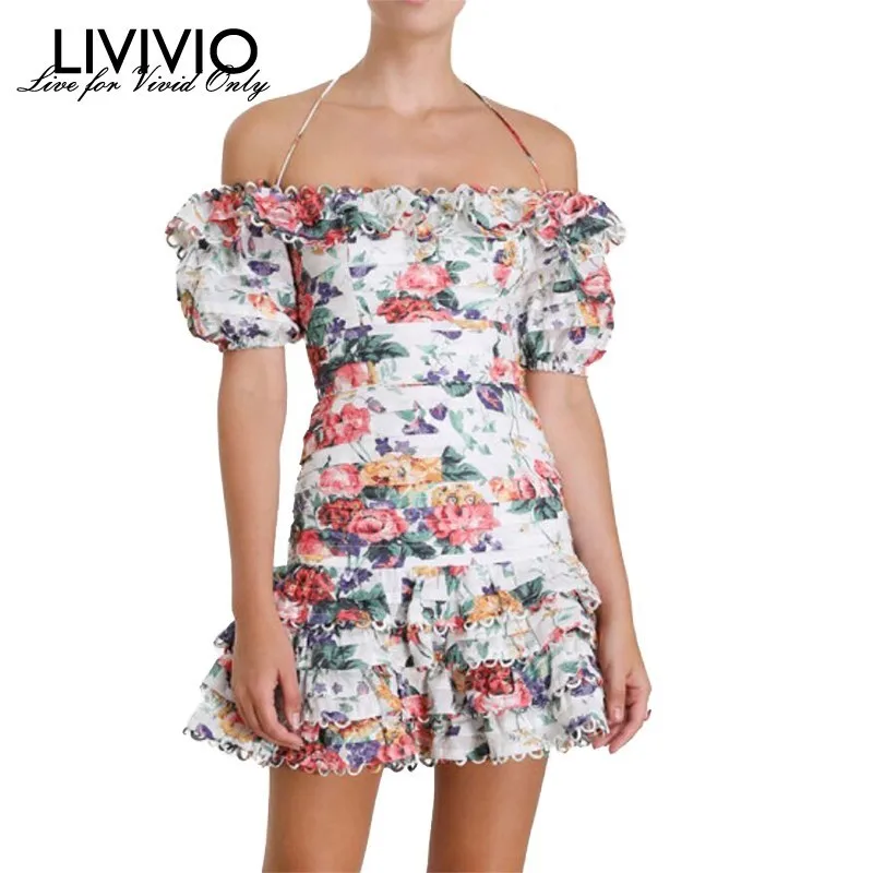 

[LIVIVIO] Sexy Off Shoulder Print Slash Neck Short Sleeve High Waist Hollow Out Mini Female Dresses 2019 Summer Fashion