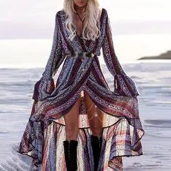 Повседневное платье макси пляжное Сексуальное вечернее с длинным рукавом с v-образным вырезом длинное с принтом с высоким разрезом, бохо