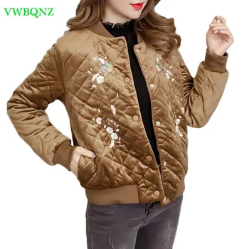 

Autumn Winter Women Short Down cotton jacket Warm Thicken Velvet Parka Jackets Female Embroidery Floral Baseball Outerwear A924