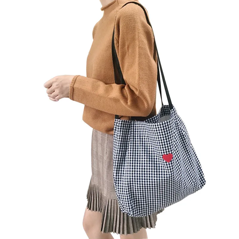 

High Quality Women Lady Casual Shoulder Bag Grid Stripe Handbag Heart/Deer Embroidery Shopping Travel Canvas Bags Popular AB@W3