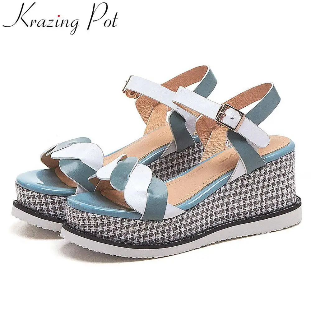 

Krazing Pot mixed colors cow leather wedges platform peep toe buckle strap European simple style high heels increased shoes L63
