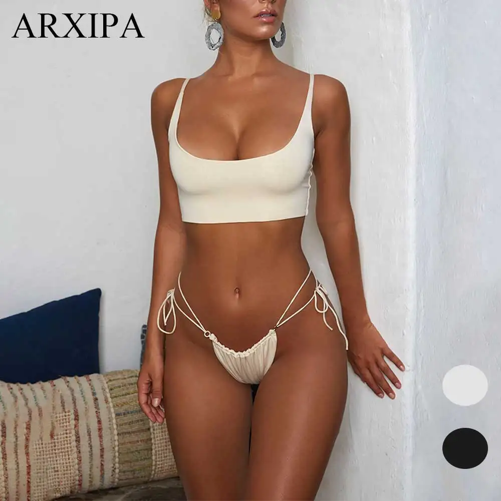 

ARXIPA 2018 New Women Sexy Thong Bikini Tie Ring G-String Swimsuit Low Cut Crop Swimwear Pad Bralette Bathing Suit Tube Ruched S