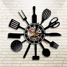 1 pieza, cuchillo de cocina, tenedor, cuchara, iluminación Led, juego de cocina, reloj de pared de vinilo, decoración Vintage para el hogar, LP, reloj artístico de pared hecho a mano