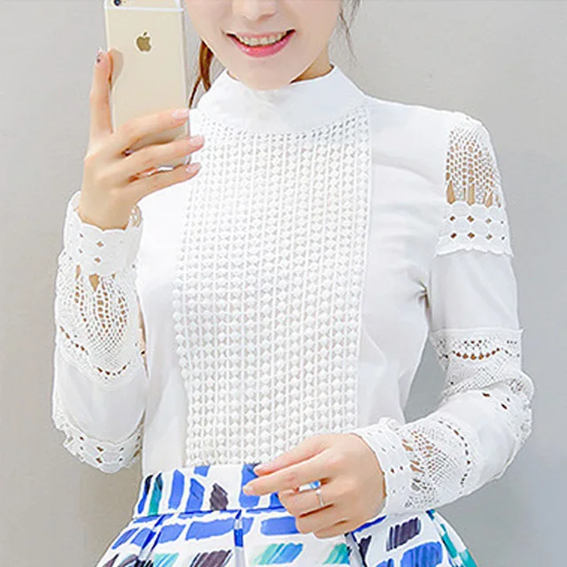 

New Fashion Women Office Crochet Lace Shirt Long-sleeved White Blouses & Shirts Plus Size Ladies Casual Tops S-5XL