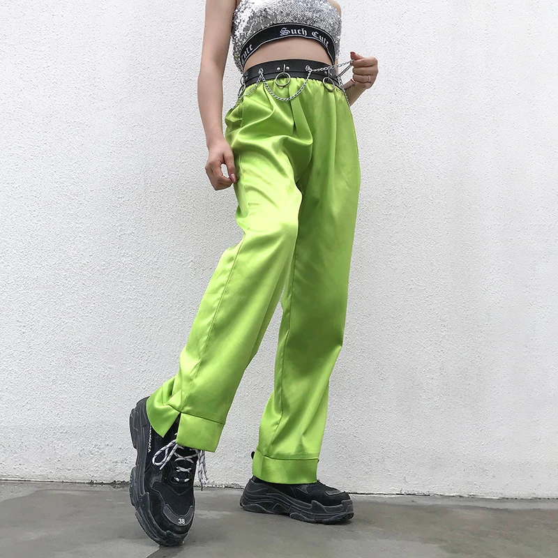 Darlingaga прямые свободные неоновые зеленые брюки Харадзюку однотонные уличные брюки женские модные брюки с высокой талией Pantalon Femme