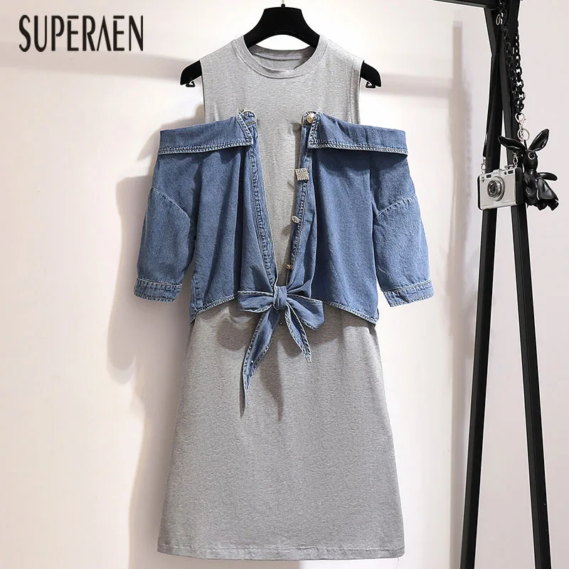 

SuperAen 2019 Summer New Korean Style Women Dress Pluz Size Denim Stitching Ladies Dress Fashion Off Shoulder Women Clothing