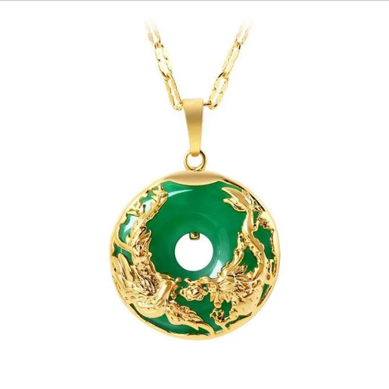

TJP Top Quality Female Crystal Green Round Pendant Necklace For Women Jewelry Exquisite Carved Dragon Gold Clavicle Necklace