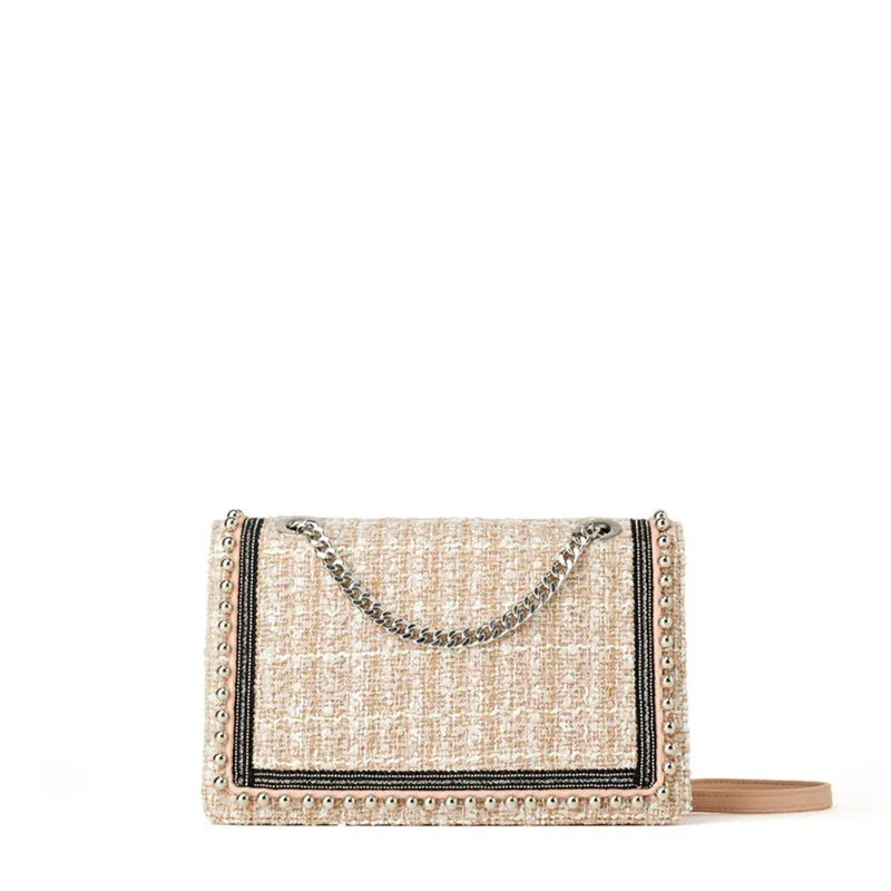 

Ladies plain shoulder bag elegant woolen material women handbag with chain Spainish design 2019 new girls pink knitting bag