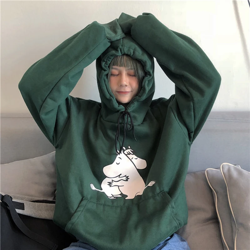 

New Autumn Hoodies Cotton Women 2019 Fashion Drawstring Hoodies Loose Hooded Harajuku Cute Cartoon Plus Velvet Pullover Female