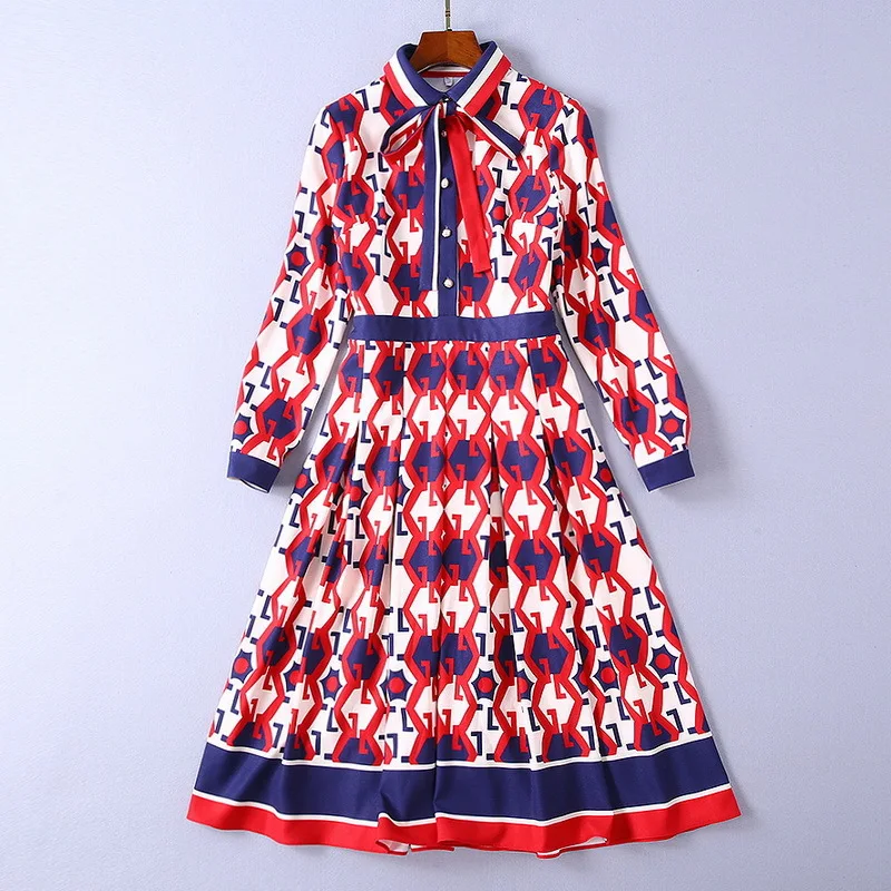 

European Runway Designer Women Dress 2019 Spring Vintage Bow Long Sleeve Letter Printed Pleated Midi Dress Vestido