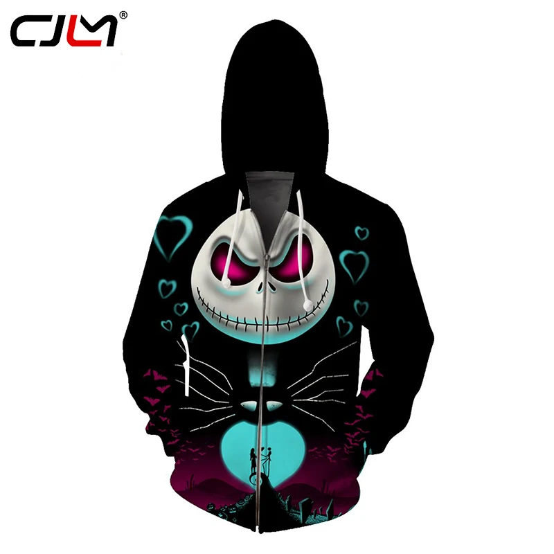 

CJLM Hoodies Black 2018 Autumn Cool Sweatshirt Hoodie With Zip Men 3d Print Skellington Tee Hooded Hoody Outerwears Jackets Coat