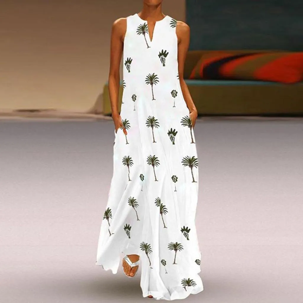 Women Print Dress Sleeveless Loose Party  Long dresses woman party night summer beach dress maxi dress vestido de festa longo