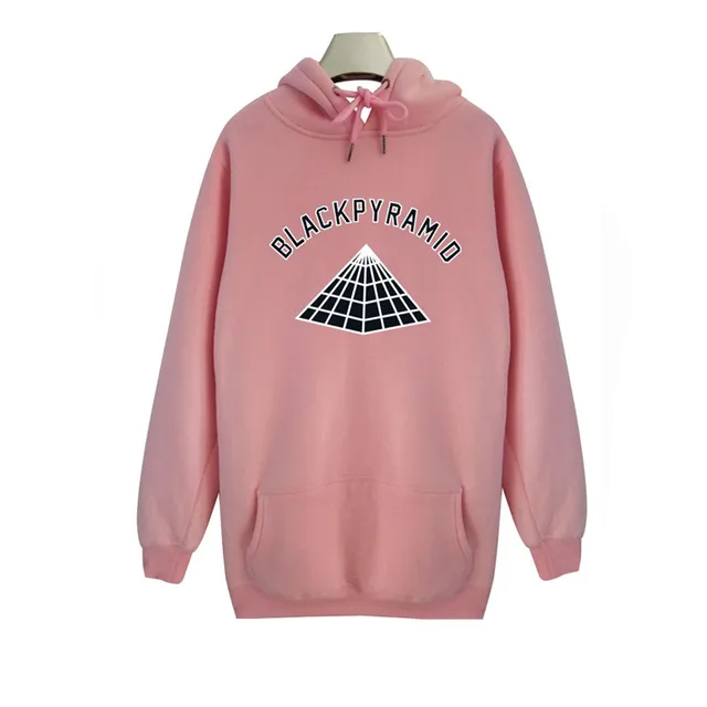 Pyramid Print Women Hoodies Long Hem Long Sleeves Pocket Fashion Black