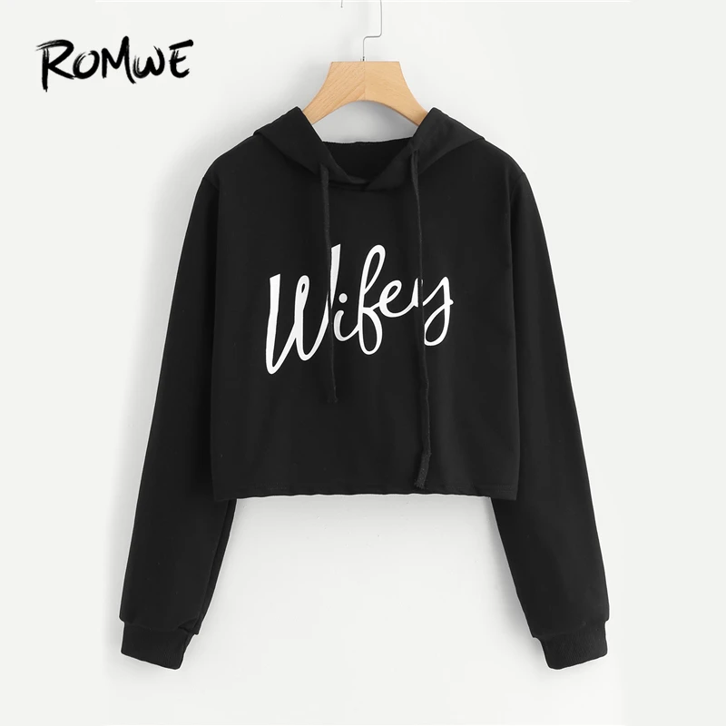 ROMWE Black Drawstring Letter Print Crop Hoodie Women