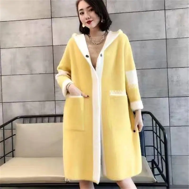 

2019 Autumn Winter Women Thicken Hooded Double-Sided Faux Mink Wool Coat Cardigan Female Casual Loose Open Stitch Casaco K102