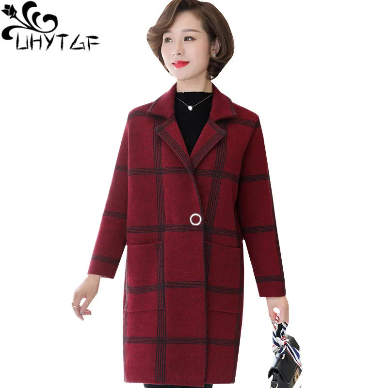 

UHYTGF Casual Noble Spring Autumn Jacket Women Fashion Plaid Quality Woolen Coat 4XL Loose Size Windbreaker Female Outerwear 700