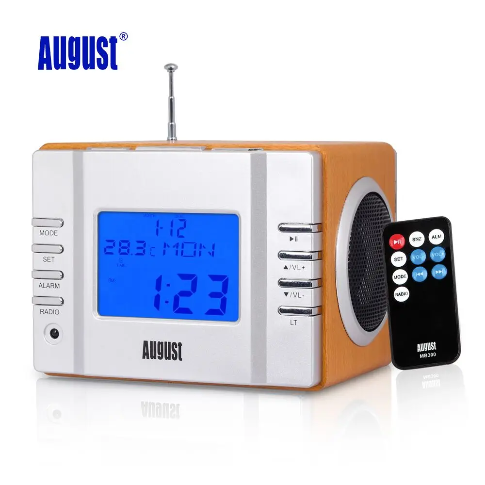 August MB300K Wood FM Radio with MP3 Music Alarm Clock Portable Stereo System with SD Card /USB In/Aux In 2 x 3W HiFi Speakers