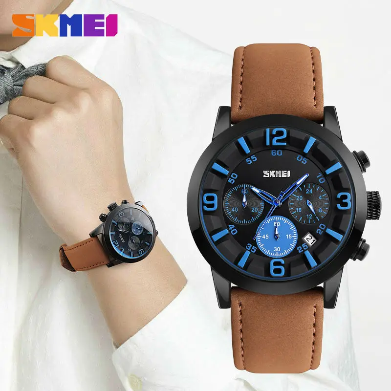 

SKMEI Men Quartz Watch Waterproof Clocks Fashion Casual Leather Wristwatches High Quality Sports Watches 9147 Relogio Masculino