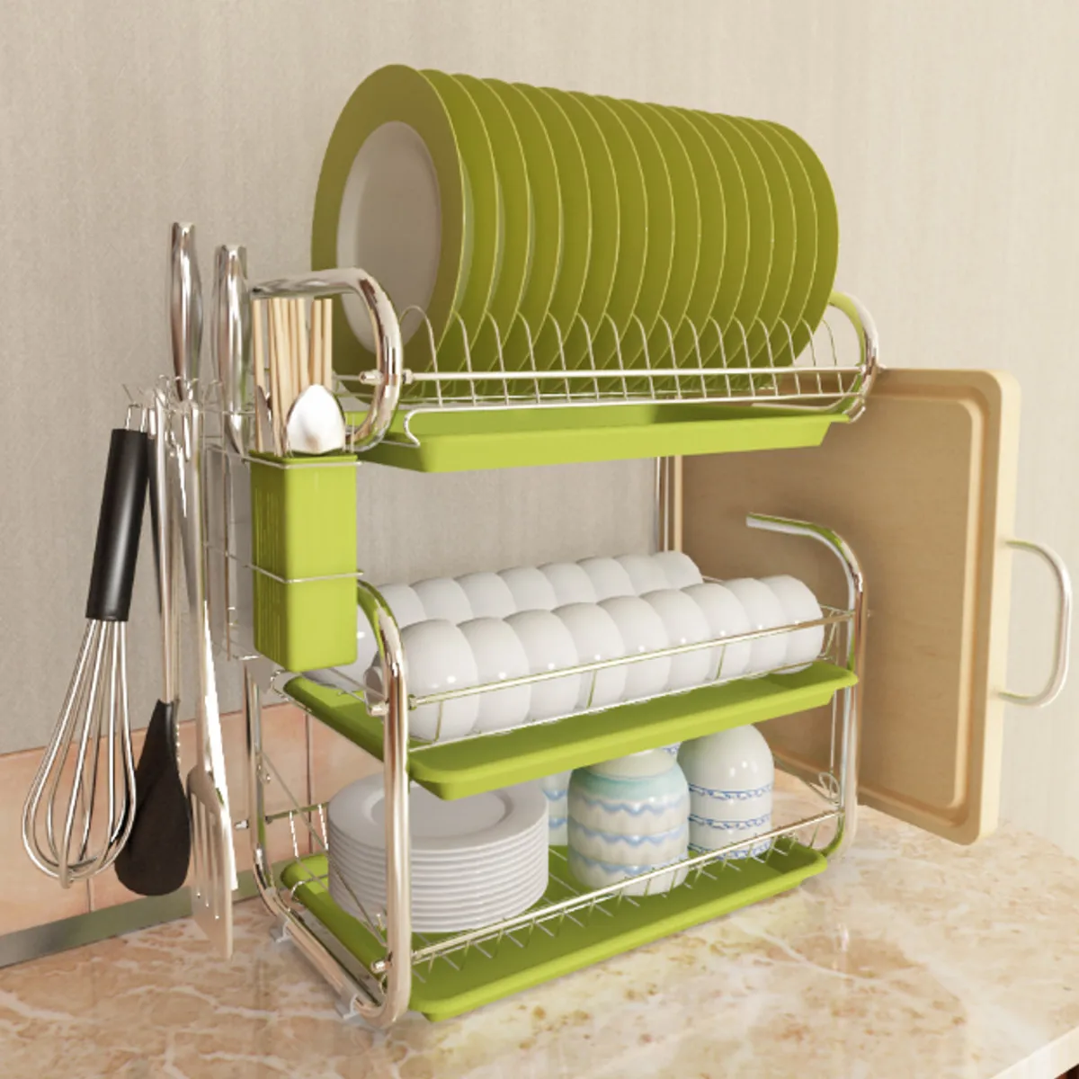 With Green Tray 3 яруса сушилка для посуды полка для хранения кухня держатель для мытья корзина с покрытием железный нож раковина Сушилка сушилка Органайзер - Цвет: With Green Tray