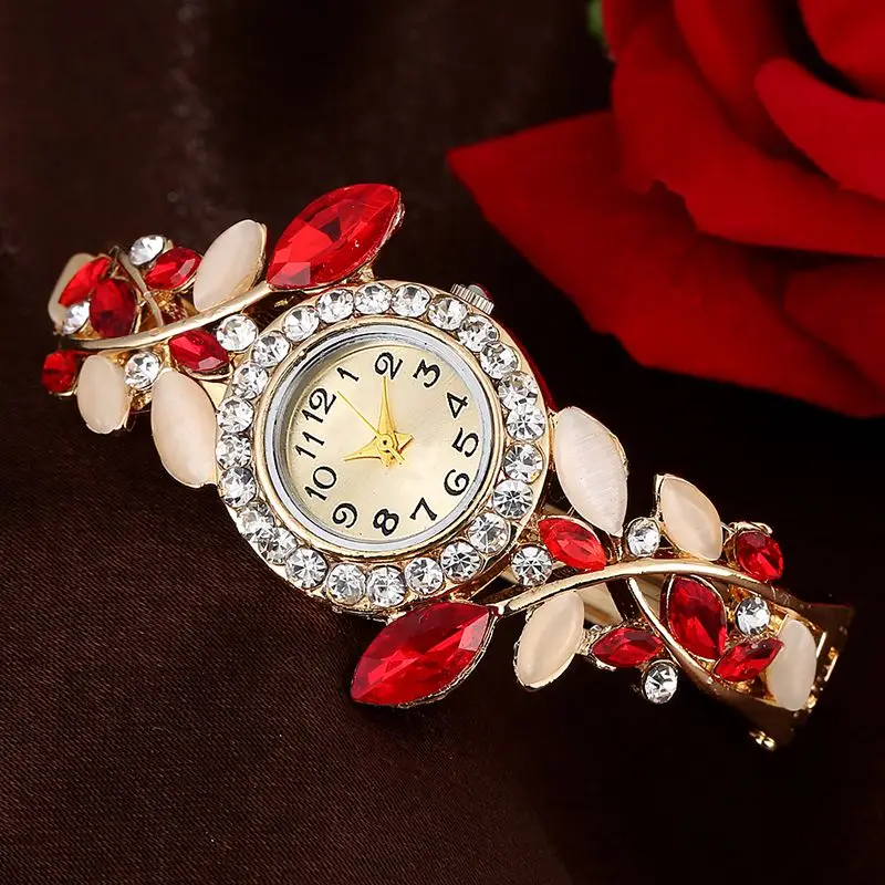 Buy Women Colorful Crystal Bracelet Watch Crystal Leaf Shape Bracelet Watches