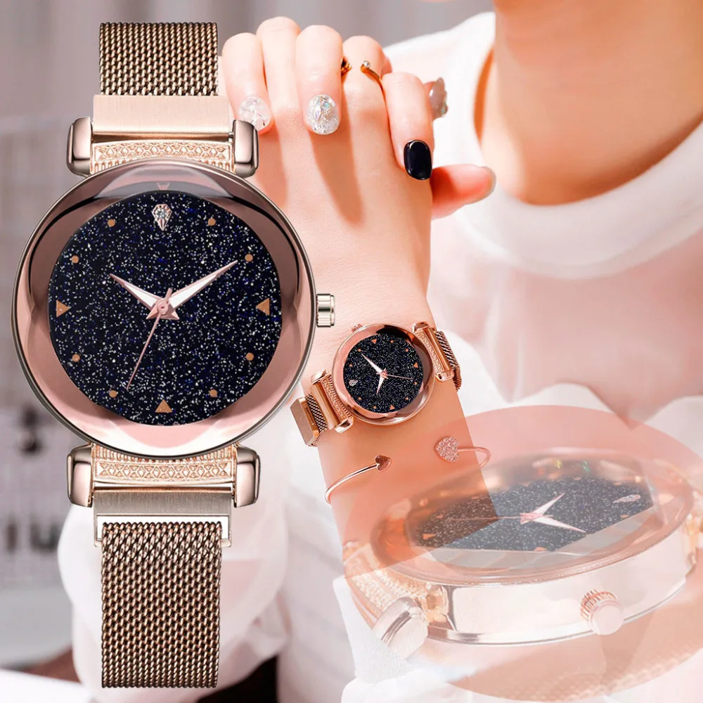 

Luxury Glass Star Sky Women Magnetic Watches Purple Lady Steel Strap Magnetic Buckle Bracelet Watch Roman Numeral Gift Clock AD