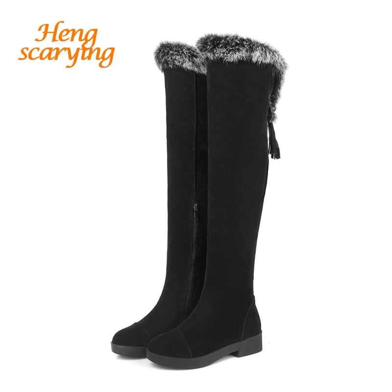 

2018 Plus Size Women Over The Knee Block Long Felt Boots Winter Plush Snow Boots Female Warm Suede Knight Fringe Flats Fur Shoes