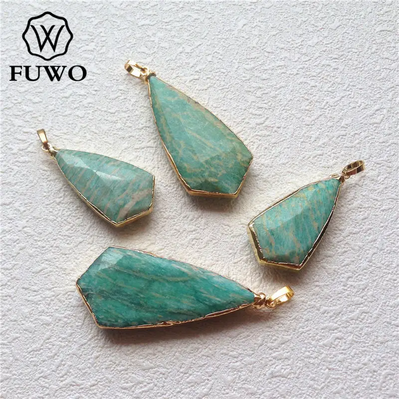 

FUWO Small Size Amazonite Stone Pendant With 24K Gold Electroplated Edge Green Gem Stone Faced Pendant For Jewelry Making PD178