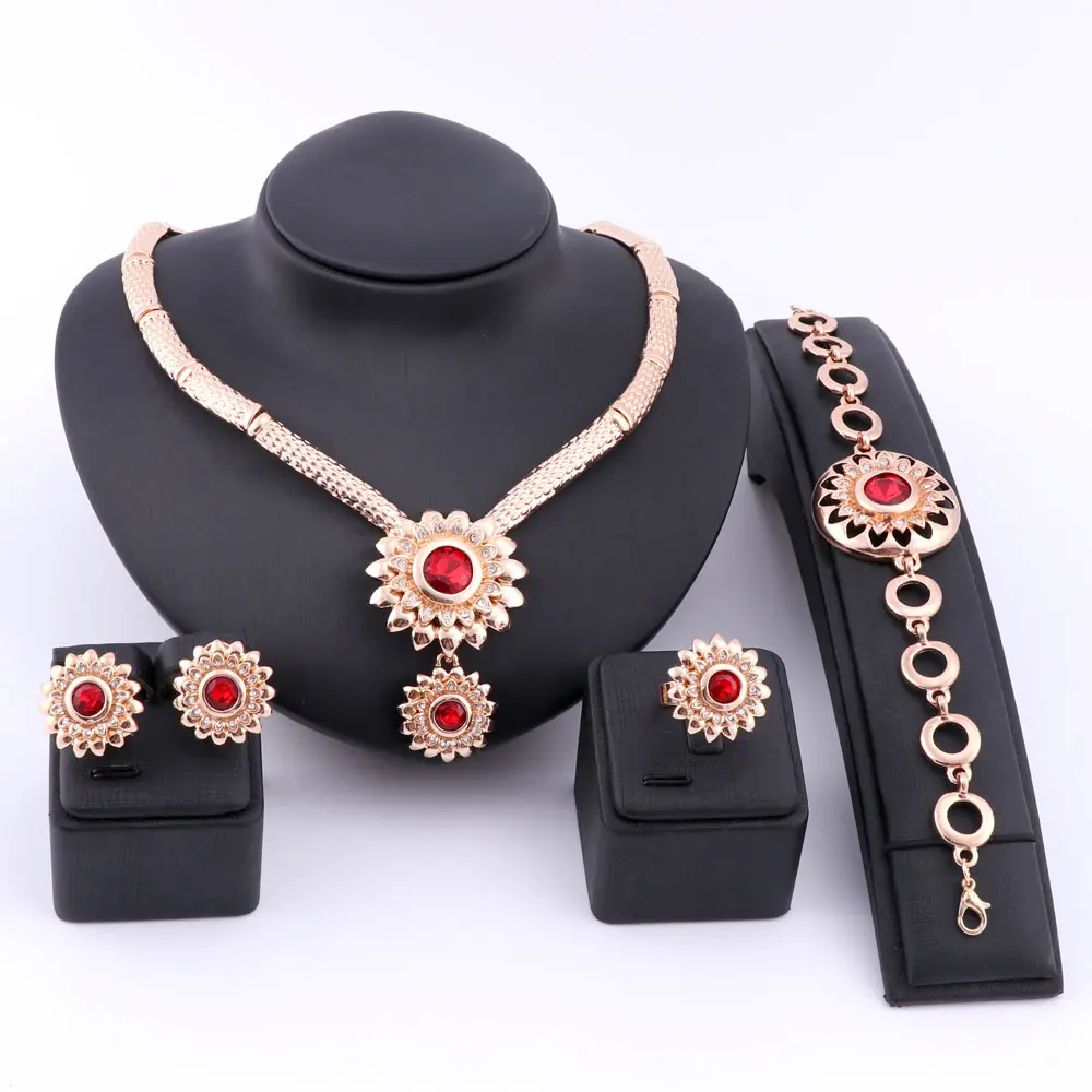 Fashion Red Crystal Bridal Jewelry Sets For Women Engagement Rings