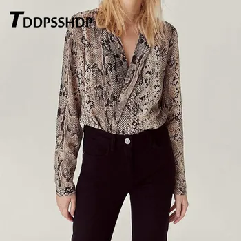 

Snake Skin Printing Lapel Women Bodysuits 2019 Long Sleeve Patchwork Spring Rompers Female Jumpsuit