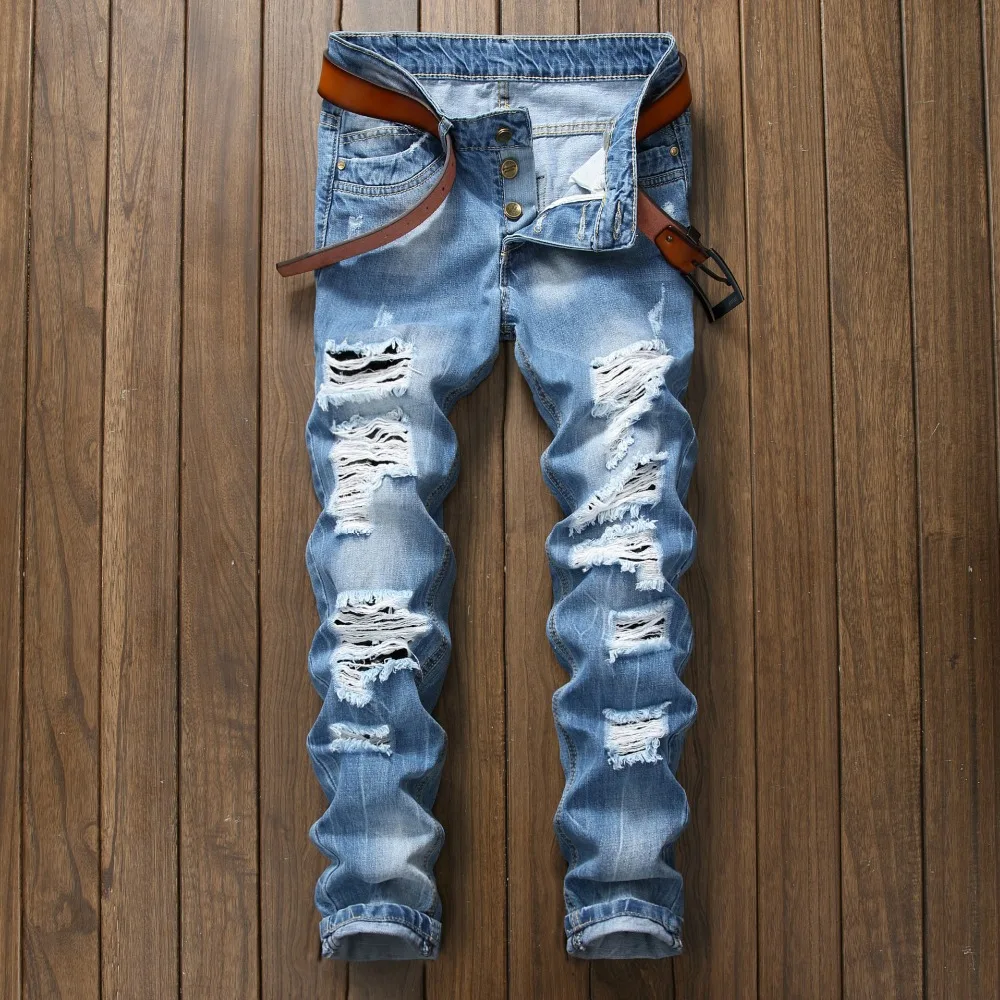 Джинсовые брюки, прямые, с потертостями, со складками, рваные, на пуговицах, обтягивающие, байкерские джинсы, синие,, зауженные джинсы, Мужские штаны, горячая распродажа - Цвет: Синий