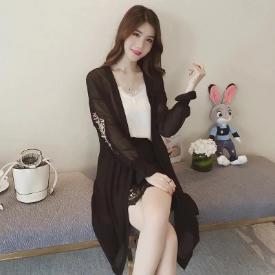 TingYiLi Maxi Kimono Cardigan Women Summer Beach Long Chiffon Cardigan Floral Embroidery Pink Black White Cardigan 4