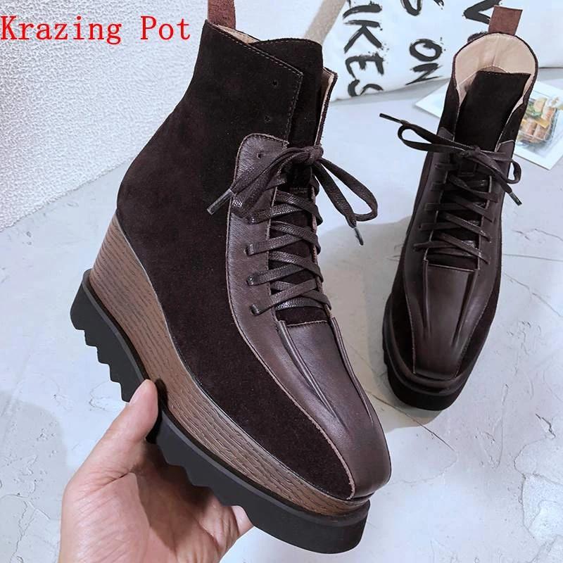 Krazing Pot cow leather natural suede square toe thick bottom lace up preppy style flat platform British style Chelsea boots L69